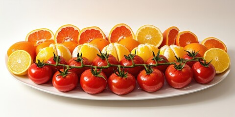 Poster - Vibrant array of red tomatoes and citrus fruits featuring orange lemons and grapefruits arranged on a white platter against a light background