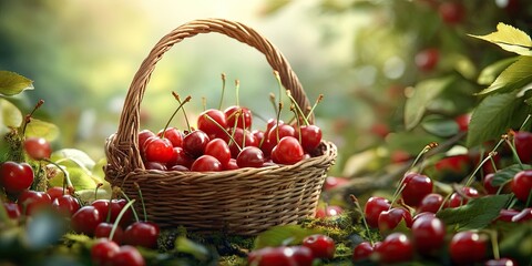 Aufkleber - Basket filled with ripe cherries surrounded by green leaves and scattered cherries on the ground under soft natural light.