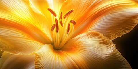 Aufkleber - Vibrant close-up of a golden-yellow flower petal with delicate textures and luminous stamens on a dark background, highlighting natural beauty.