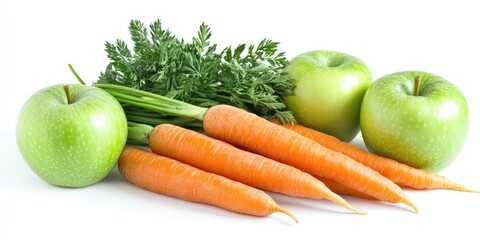 Poster - Fresh green apples and vibrant orange carrots arranged elegantly with leafy green carrot tops on a light background, showcasing healthy eating.