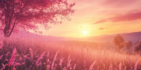 Poster - Serene landscape during golden hour with vibrant pink hues, featuring a foreground of tall grasses and silhouettes of trees against a glowing sunset.