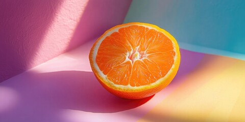 Poster - Vibrant half orange tangerine on a pastel pink and blue background with soft shadows casting across the surface creating a fresh aesthetic.
