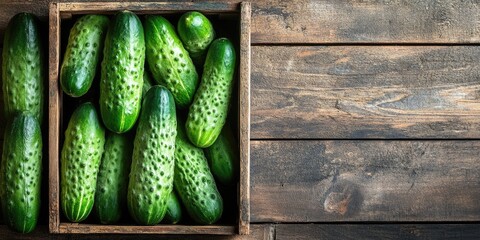 Poster - Fresh green cucumbers neatly arranged in a rustic wooden box on a dark wooden surface with ample copy space on the right side of the image
