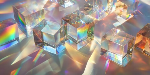 Leinwandbilder - Colorful glass cubes casting light reflections on a soft white surface, arranged in a dynamic layout, featuring vivid rainbow hues and geometric shapes.
