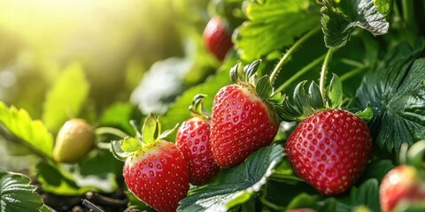 Fototapete - Vibrant red strawberries nestled among lush green leaves illuminated by soft sunlight creating a fresh and inviting harvest scene.