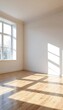 © KarpenArt Studio - An empty room with white walls and light-colored wood floors illuminated by sunlight streaming through windows.