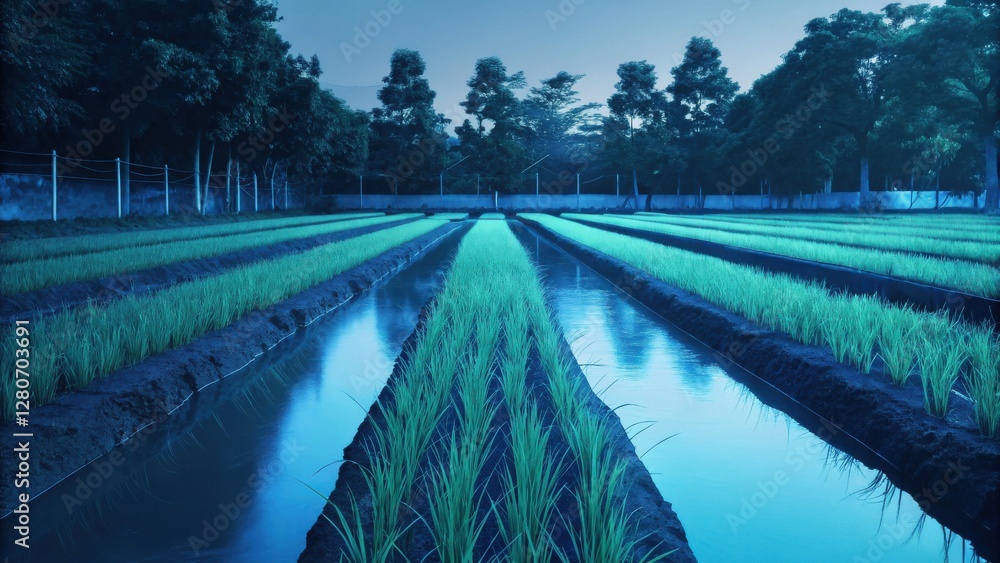 Rows of vibrant green rice paddies flooded with cool blue water at ...