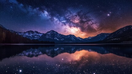 Wall Mural - night sky photograph, where countless stars reflect perfectly on the still waters of a mountain lake