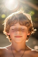 Wall Mural - a photograph of a young boy with light brown hair, sunbathing on the beach in summer, his eyes close