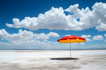 Wall Mural - beautiful summer beach with yellow and red umbrella on the sand under a blue sky with clouds. view o
