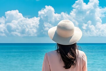 Wall Mural - a woman wearing a wide-brimmed white hat, viewed from the back, with a sky-blue sea in the backgroun