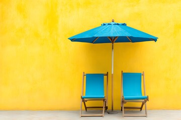 Wall Mural - a yellow background with two beach chairs and an umbrella, creating the perfect summer vibe