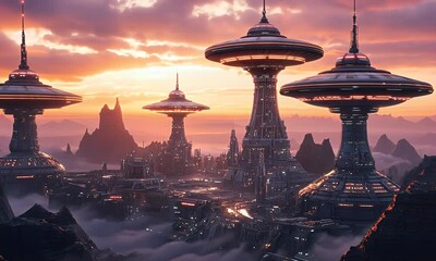 Wall Mural - futuristic city sunset, alien landscape, digital art, sci-fi concept