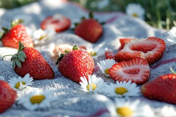 Poster - A still life arrangement of fresh strawberries and daisies on a tablecloth