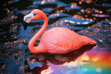 Wall Mural - A pink flamingo floats on the surface of the water, surrounded by calm surroundings