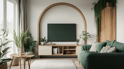 Wall Mural - Modern Living Room Interior: A captivating depiction of a contemporary living room, radiating a sense of comfort and sophistication, with wooden arch, sleek TV, and verdant plants