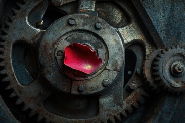 A close-up of a metal object with a flower embedded or attached to it