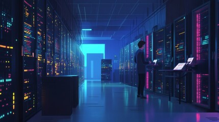 Wall Mural - server room interior with technician, night scene. possible use stock photo for technology, data cen