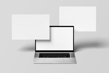 Laptop computer mockup with blank wireframing pages. 3D rendering.
