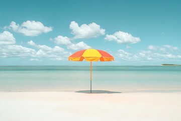 Wall Mural - beautiful summer beach with yellow and red umbrellas on the sand under a blue sky with clouds. view 