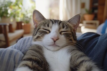 Canvas Print - A close-up shot of a cat lying on someone's lap, a moment of comfort and companionship