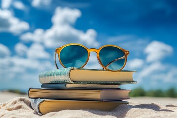 Wall Mural - close-up of books and sunglasses on a table with a blue sky background, a summer vacation concept