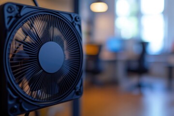 Canvas Print - A single black fan sits on top of a wooden floor, waiting for use