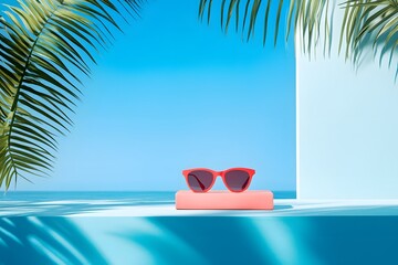 Wall Mural - close-up of books and sunglasses on a table with a blue sky background, a summer vacation concept