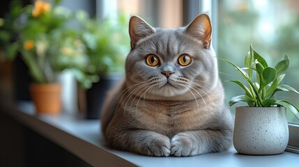 Naklejka na meble A British Shorthair cat with golden eyes sitting on a modern minimalist desk

