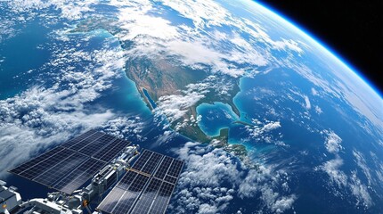 Wall Mural - scenic shot of earth's curvature and atmosphere, highlighting the cloud formations and the blue ocea