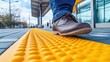 © ZULFA - Tactile Paving Guidance for Visually Impaired: A Close-Up View of a Person's Foot Stepping onto a Bright Yellow, Textured Ground Surface at a Modern Train Station Platform