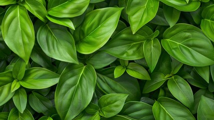Wall Mural - lush green leaves overlapping in a dense botanical setting. vibrant natural background, ideal for ec