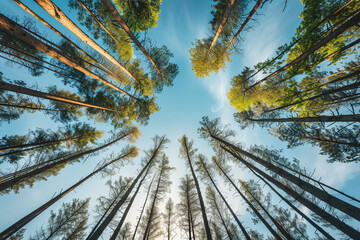 Wall Mural - sustainable landscape with tall trees and sky, illustrating beauty of eco-friendly environment. perf