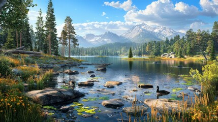 Wall Mural - Serene Mountain Lake Surrounded by Lush Green Forests and Rocky Shores Under a Bright Blue Sky with Fluffy White Clouds