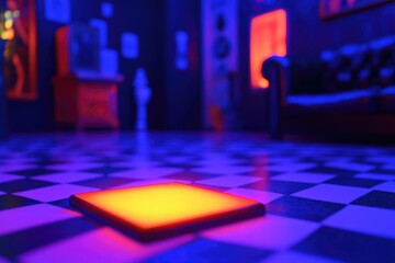 A glowing square on a checkered floor in a modern living room