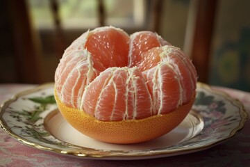 Wall Mural - A fresh and juicy peeled orange sitting on a plate, perfect for snacking or as a decorative centerpiece