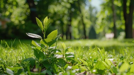 Canvas Print - Fresh Green Plant Growing in Lush Grass Under Bright Sunlight in a Peaceful Outdoor Environment