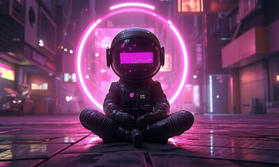 Wall Mural - astronaut meditates neon city night cyberpunk future