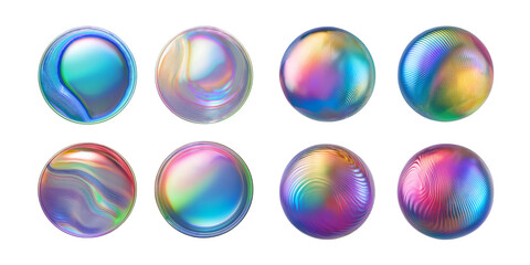 Wall Mural - Colorful Abstract Patterns in Circular Shapes with Shiny Textures, holographic of Iridescent Kawaii 3D, Isolated on Transparent background