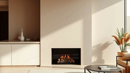 Wall Mural - Modern interior with sleek marble fireplace and warm beige tones featuring natural textures and mini