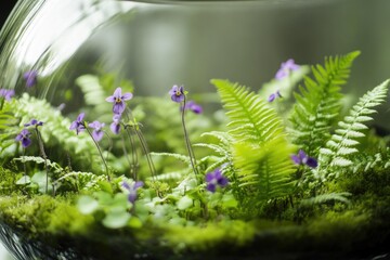 Canvas Print - A glass bowl filled with purple flowers and green plants, perfect for a nature-inspired decor or as a centerpiece