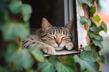 A cat resting on a windowsill, perfect for pet-related or home decor scenes