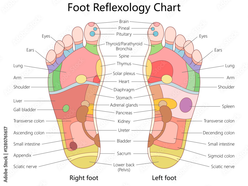 foot reflexology chart illustrating pressure points on left and right