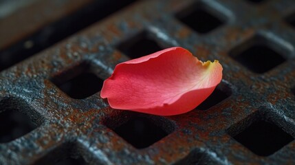 Canvas Print - A small pink flower sits atop a metal grate, adding a touch of beauty to the industrial setting