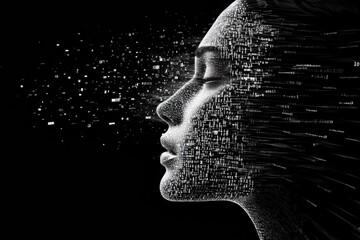Poster - Futuristic AI concept showing a human face dissolving into binary code and data flow for technology exploration. Generative AI