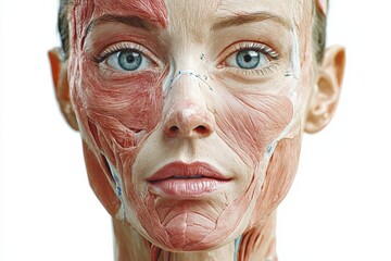 Poster - Detailed medical illustration of female facial anatomy with Botox injection points accurately marked for reference. Generative AI