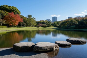 Wall Mural - A pond with a city in the background. The pond is surrounded by trees and rocks. The water is calm and the sky is clear