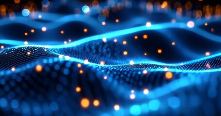 Abstract blue digital wave with glowing orange particles. Seamless loop animation.