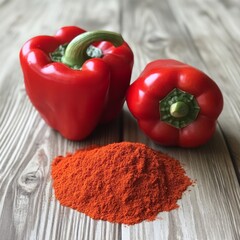 Wall Mural - Fresh red bell peppers and ground paprika on wooden surface