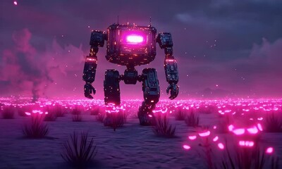 Wall Mural - giant robot walks alien field, pink glow, night